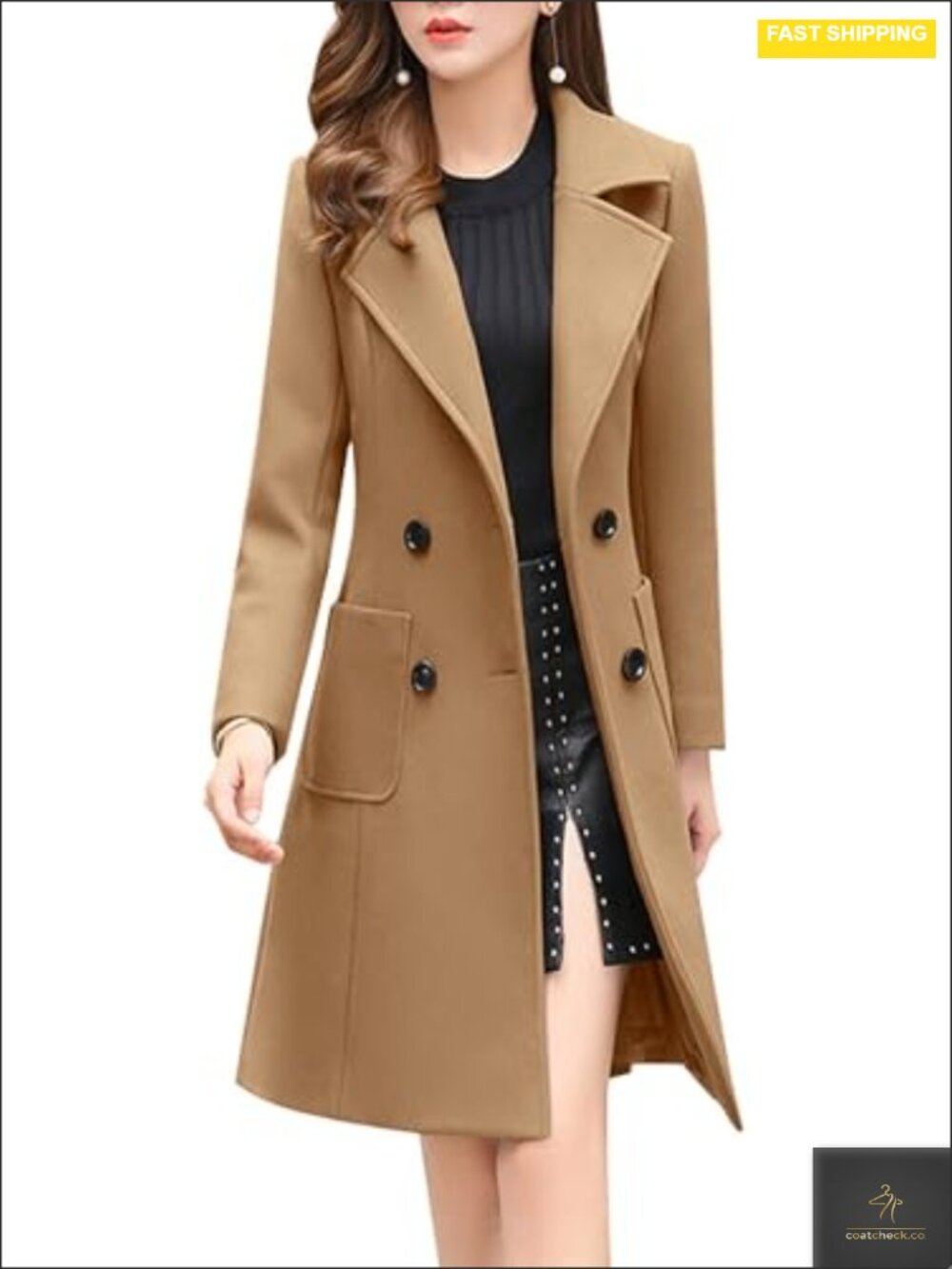 Wool Blend Double Breasted Notch Collar Peacoat Long Sleeve